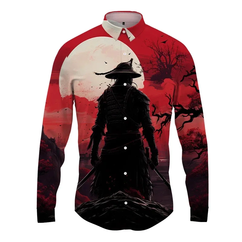 thumbnail image 1 of Camisa de solapa con estampado 3D de samurái japonés para hombre y mujer, camisas casuales de moda de manga larga, blusas con botones, ropa unisex de gran tamaño, 1 of 4