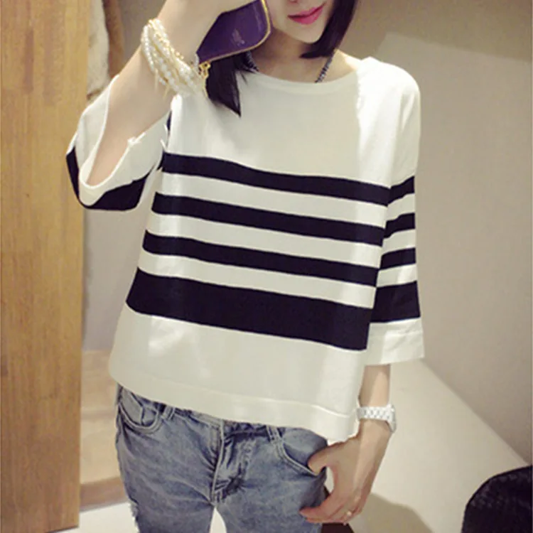 

Women's Casual Top Striped T-shirt Loose Pullover Half Sleeve Knitted Top Female Leisure Out Wear