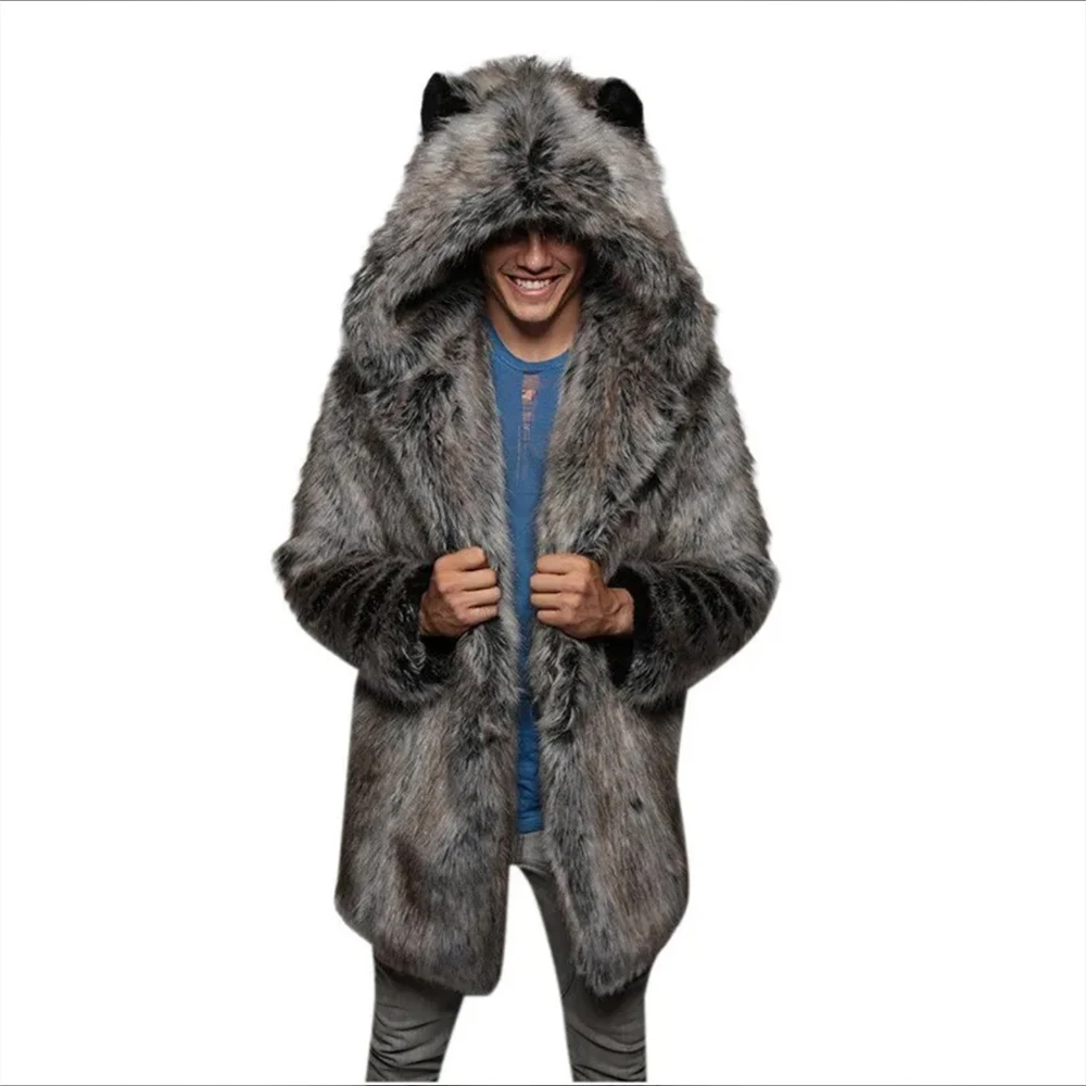 Winter Couple Plush Hoodie Men Faux Fur Coat 2023 Fluffy Fleece Casual  men Hooded Fox Bear Ear Warm Long Sleeve Jacket Overcoat