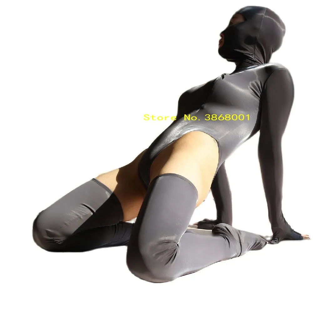 

Sexy women's half pack catsuit with chest zipper Night club stage performance jumpsuit with crotch zipper without long socks