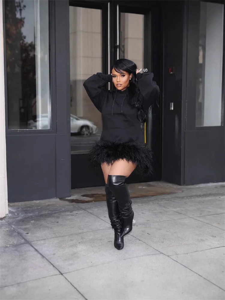 Wmstar Dresses Women Long Sleeves Autumn Winter Pink Hooded Sweatshirt Pure Craft Color Feather Dress Wholesale Dropshipping