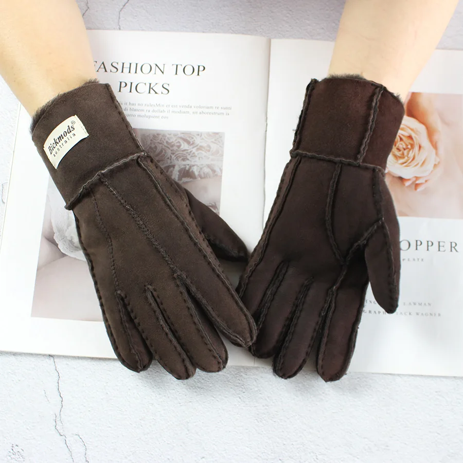 Winter Warm Sheepskin Fur Gloves Women's Leather Stitching Style Thickened Household Boy Motorcycle Riding Cold-Proof Finger