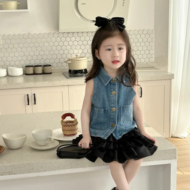 

2024 New Girls Spring Summer One Piece Top Vest Coat Cowboy Loose Soft Turn-down Collar All-match Outdoor Sweet