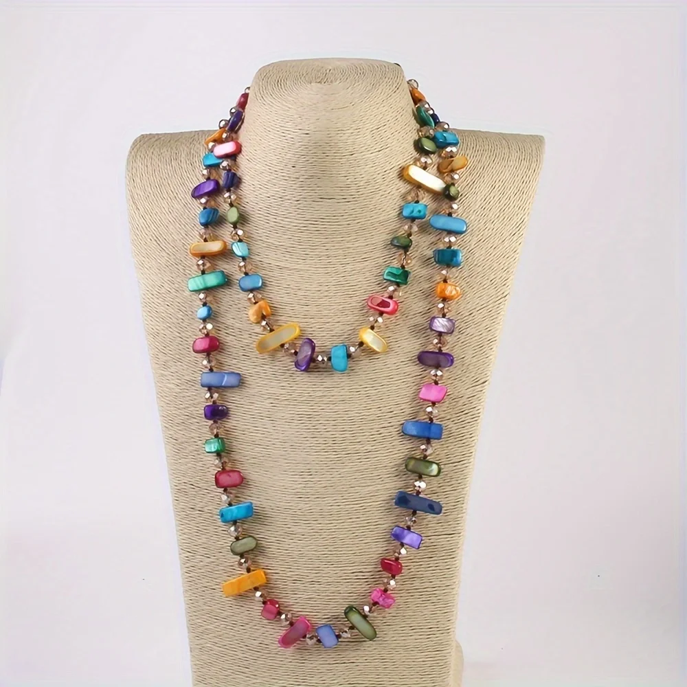 Fashion Bohemian Long Knot Necklace Rainbow Colorful Irregular Shell Glass Necklace Sweater chain 2 Layer women necklace men necklace
