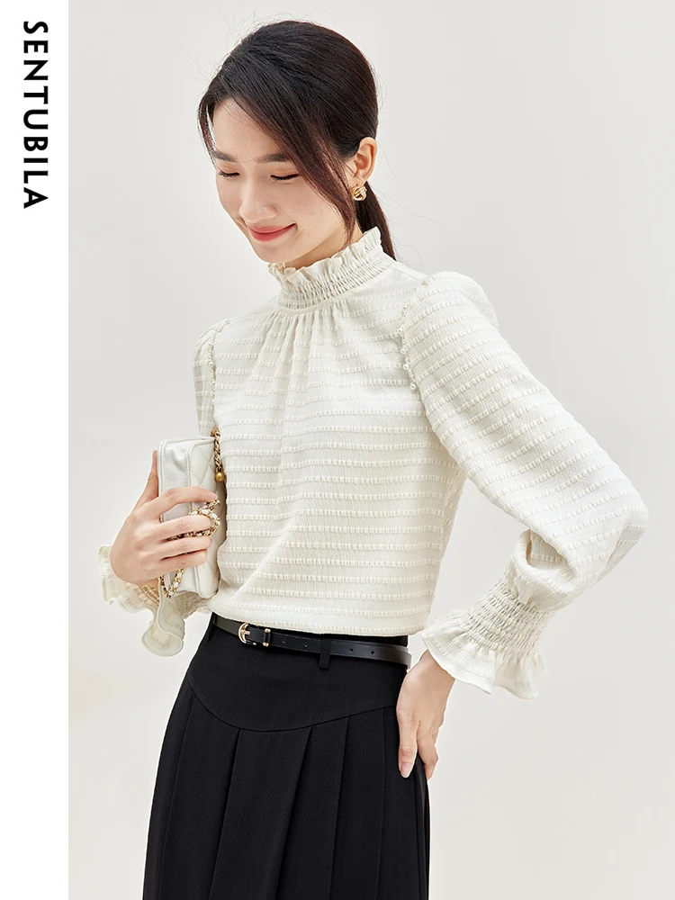 

SENTUBILA Elegant Ruffle Sleeve Lace Shirt Women Spring Autumn Keyhole Back Blouses Woman Mock Neck Pearl Ladies Tops 133S50908