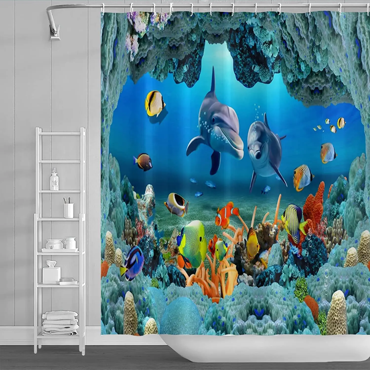 

Dolphin Shower Curtain, Blue Underwater World Marine Life , Polyester Fabric Kids Ocean Theme Bathroom Decor Set with 12 Hooks