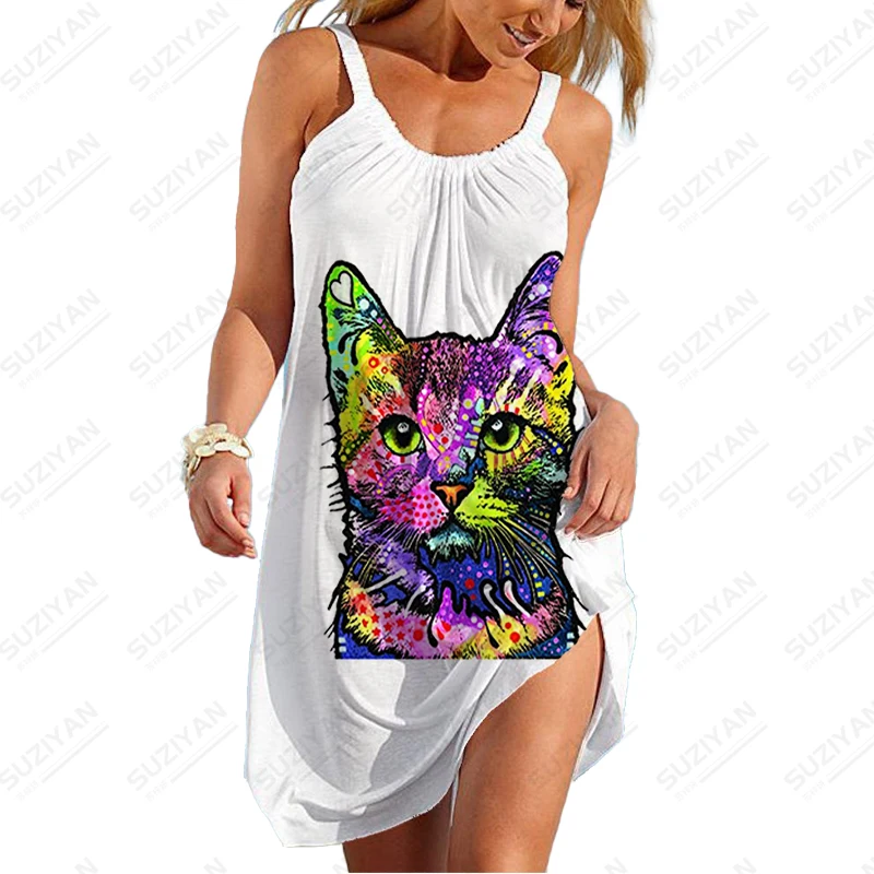 

2023 Summer new women's strap dress Colorful Cat 3d print women's strap dress Casual fashion trend women's strap dress