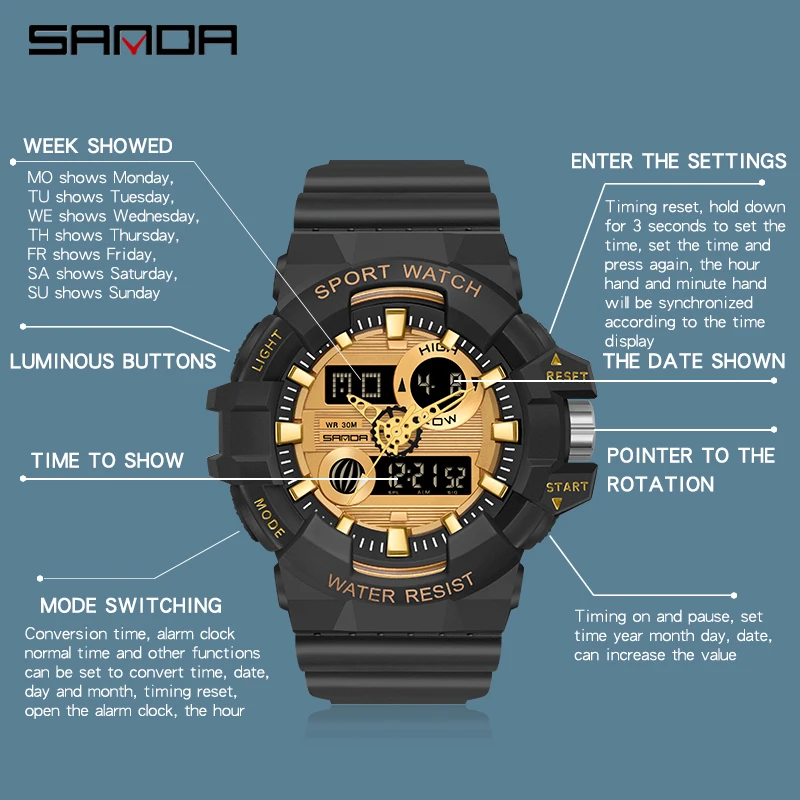 SANDA White G-Style Sports Men's Watches Luxury Military Quartz Watch Waterproof Men Electron Wristwatches relogio masculino 4