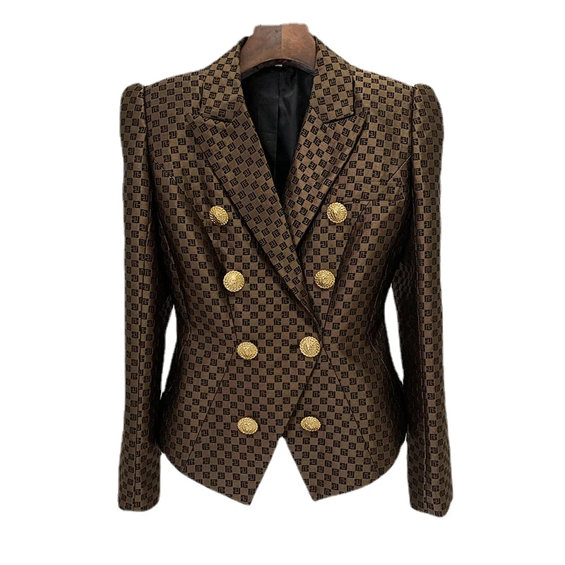 

High Quality Women's Blazer 2024 Spring Metal Lion's Head Buckle Women's Modern Blazers Lapel Check Slim Suit