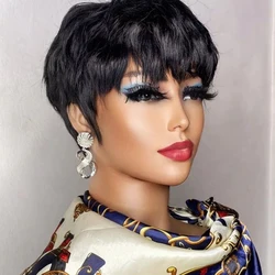 Elegant Brown Pixie Cut Wig with Bangs - Premium Human Hair - 6inches (Natural Black)