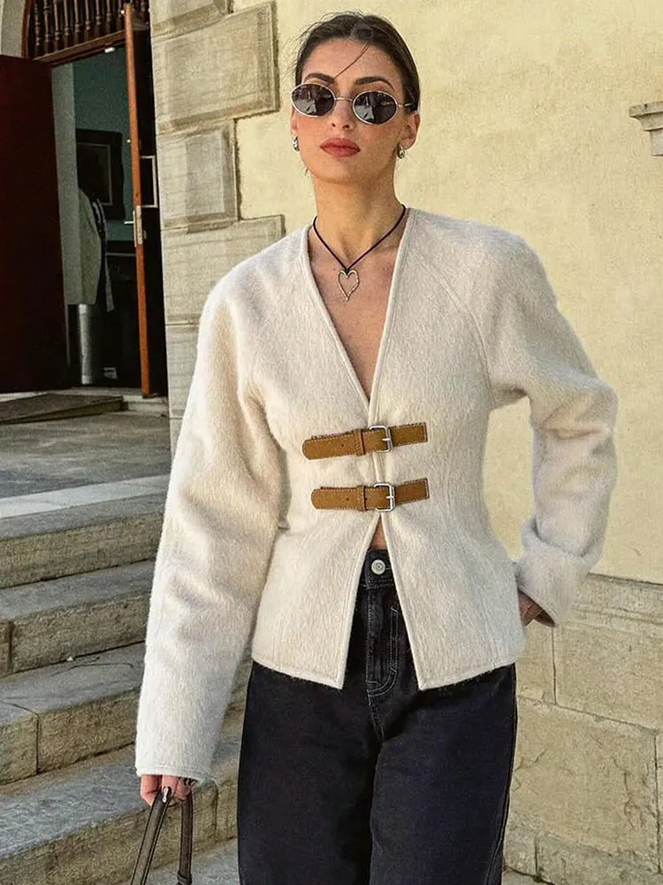 HH Autumn Women Double Leather Button Jacket Long Sleeve V-neck Slim Coat Top Fashion 2025 Woman Elegant Office Lady Outwear