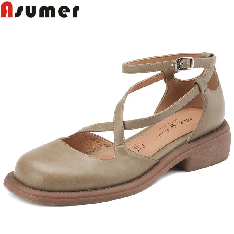 

ASUMER 2024 New Gladiator Genuine Leather Sandals Woman Ankle Strap Square Med Heels Shoes Buckle Ladies Casual Summer Shoes