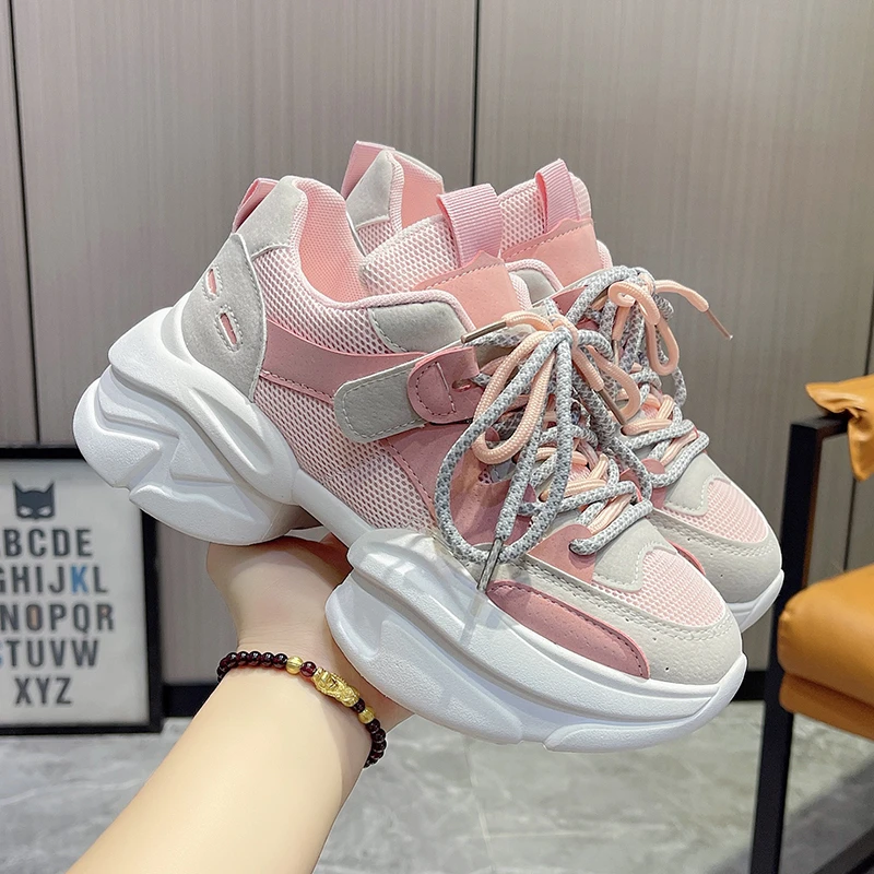 

Women Chunky Leather Sneakers Platform Ulzzang Sports Shoes Summer Thick Bottom Women's Breathable Mesh Wedges Casual Shoes 5CM