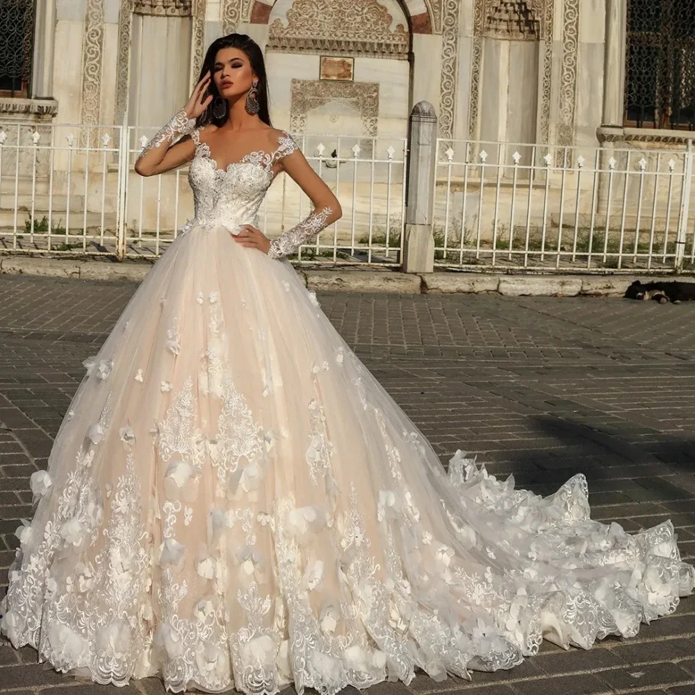 

A-Line Tulle Wedding Gown Sexy Sheer Long Sleeves Floral Lace Applique Bridal Dress Crystal Vestidos De Novia