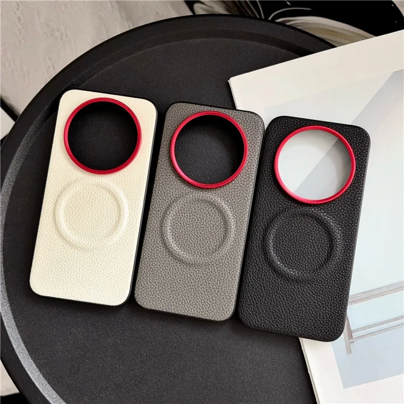 Luxury Magnetic Lychee Pattern PU Leather Non-Slip Cover with Metal Camera Frame