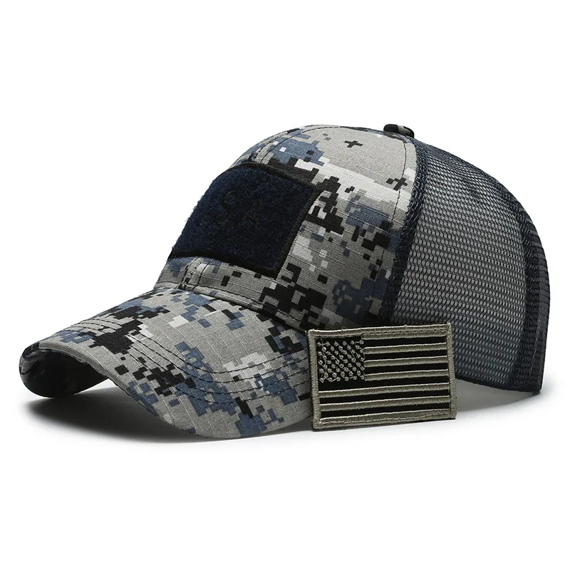 Men Baseball Cap American Flag Camouflage Sticker Patchwork Embroidered Baseball Cap Net Hat Breathable Outdoor Sun Hat 2