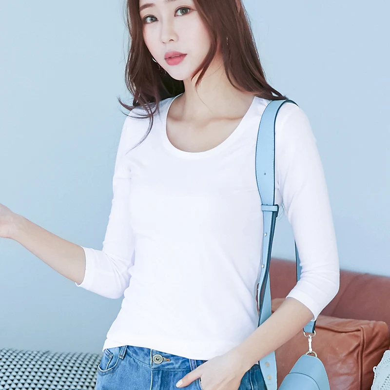 3/4 Sleeve T Shirt 96% Cotton & 4% Spandex Quality Women Spring Summer Top Slim Fit White Black O Neck Tees Casual Base Shirts 5