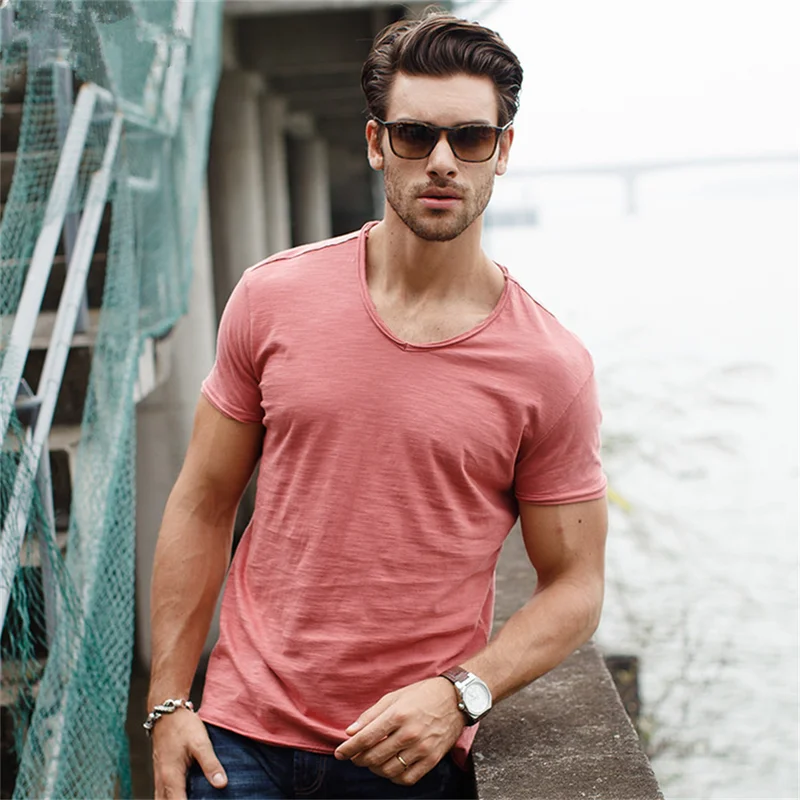 AIOPESON100% Cotton Men T-shirt V-neck Design Slim Fit Soild