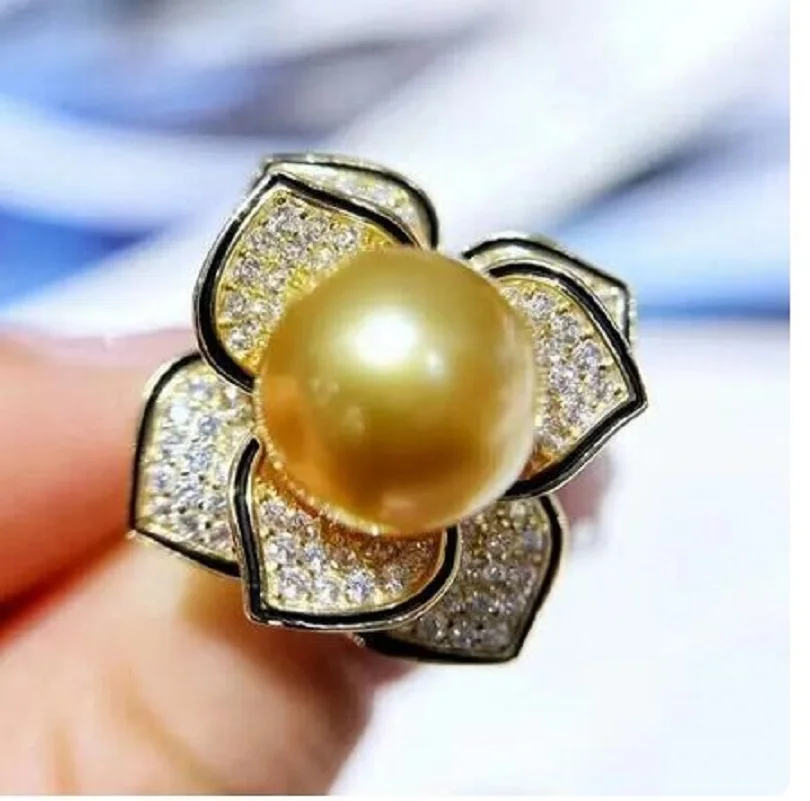 

Gorgeous AAAAA++++ 10mm Genuine Natural South Sea Golden Stud round Pearl Ring