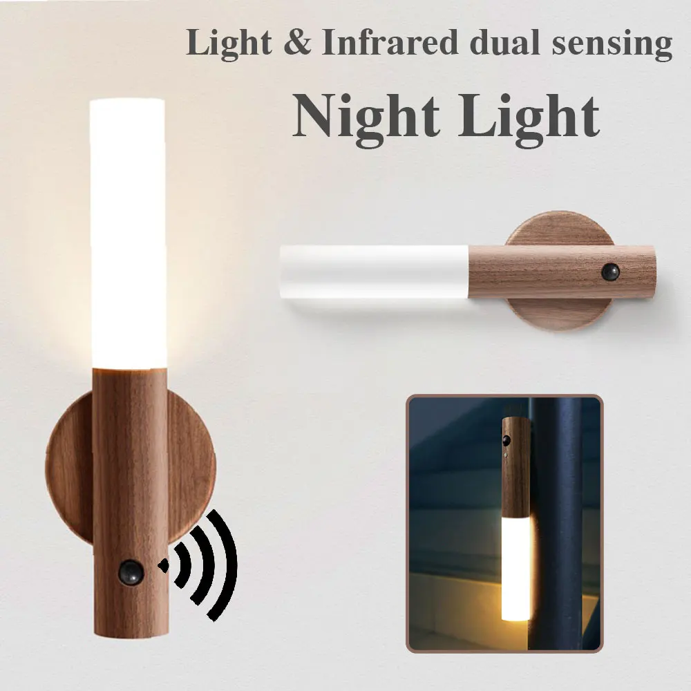 

LED Wood USB Wireless Motion Sensor Corridor Night Lights Bedroom Light Detector Wall Decorative Lamp Staircase Closet Room