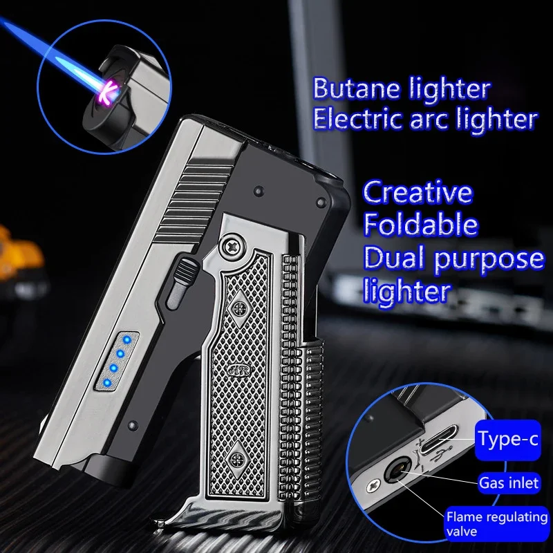 Butane Gas Lighter Windproof Gas-Electric Plasma Type C USB Rechargable Folding Gun Turbo Jet Flame Cigar