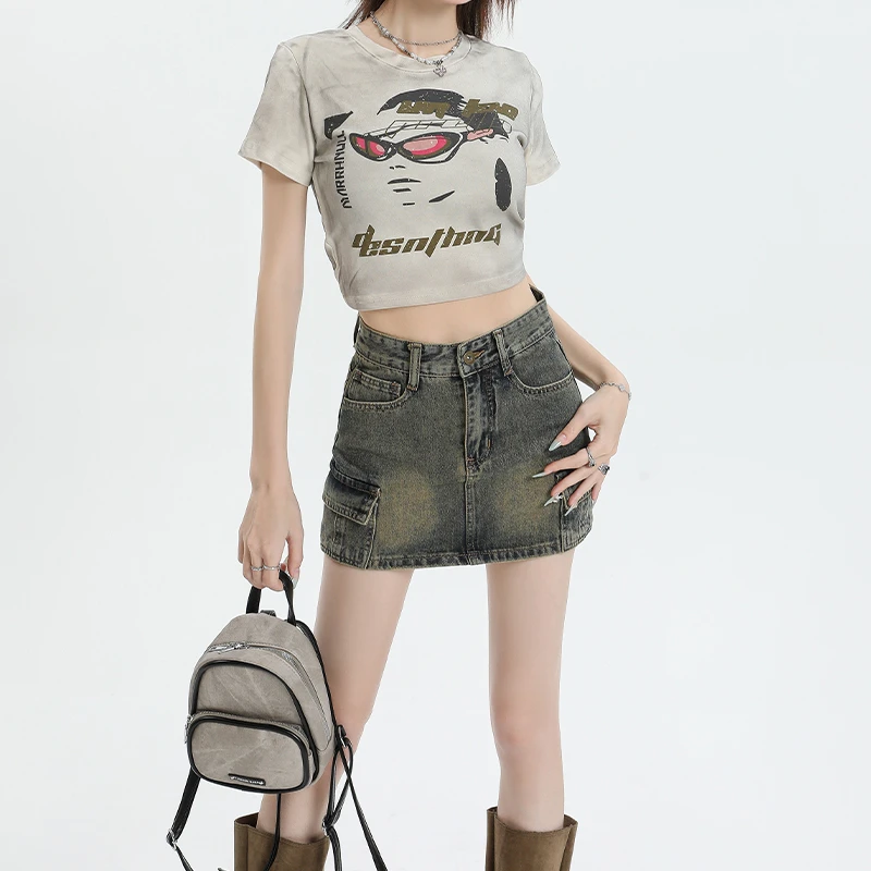 

Шикарная и сексуальная винтажная юбка в американском стиле-Универсальная джинсовая короткая юбка с высокой талией для женщин