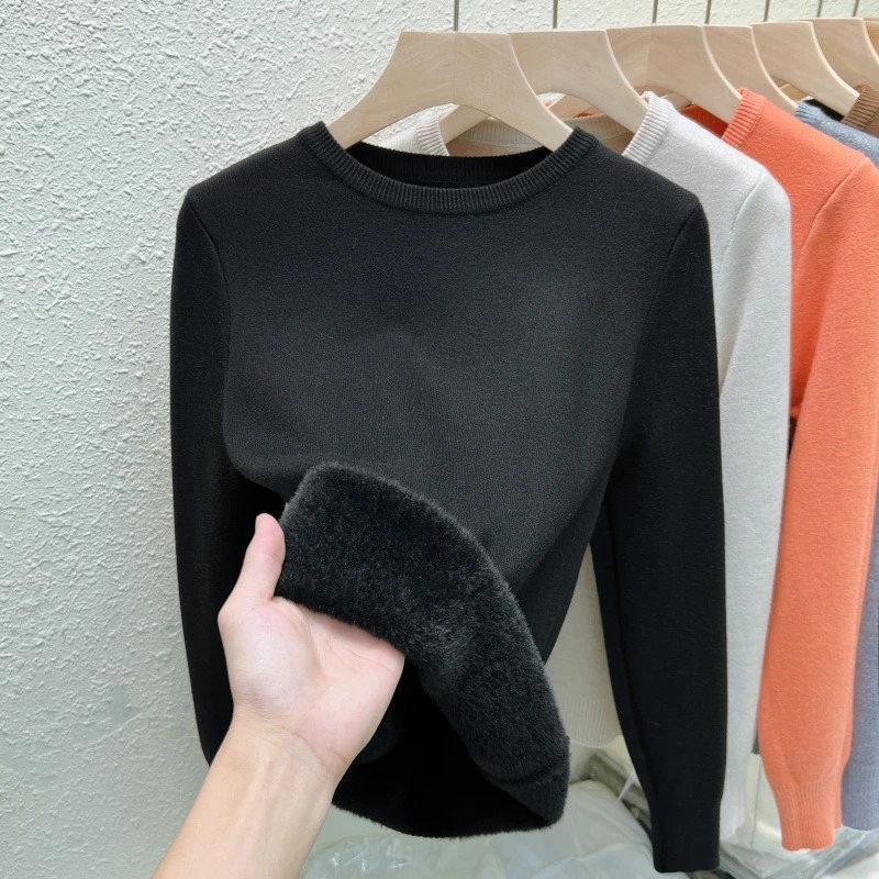 Autumn and Winter Women's O Neck Slim-fitting Long-sleeved Sweater Solid Color Elegant Fashion Knitwear Integrated Fleece Top