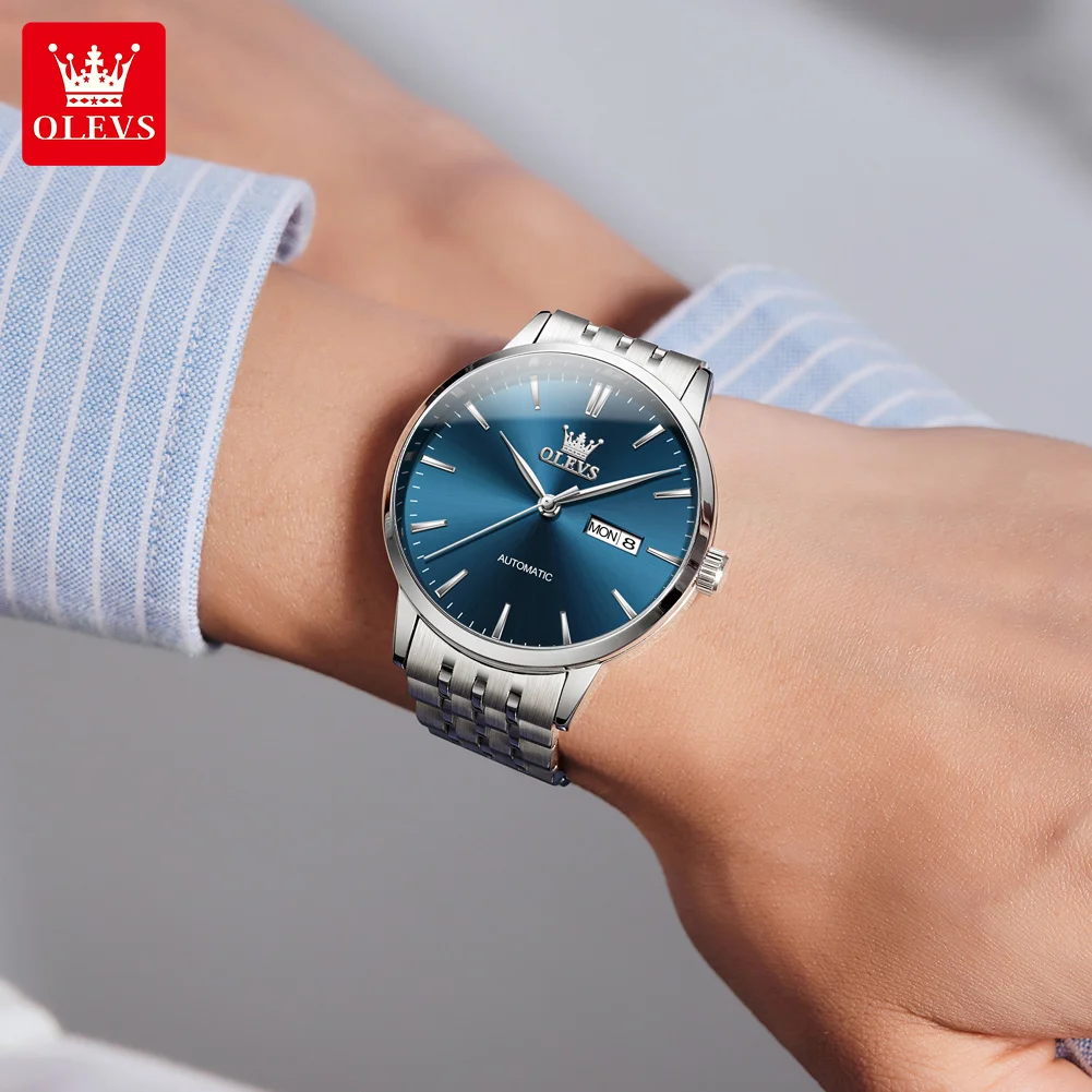 OLEVS 7048 Men's Watch Dual Calendar Mechanical Watch For Men Fashion Top Brand Waterproof Man Wristwatch Stainless Steel Strap