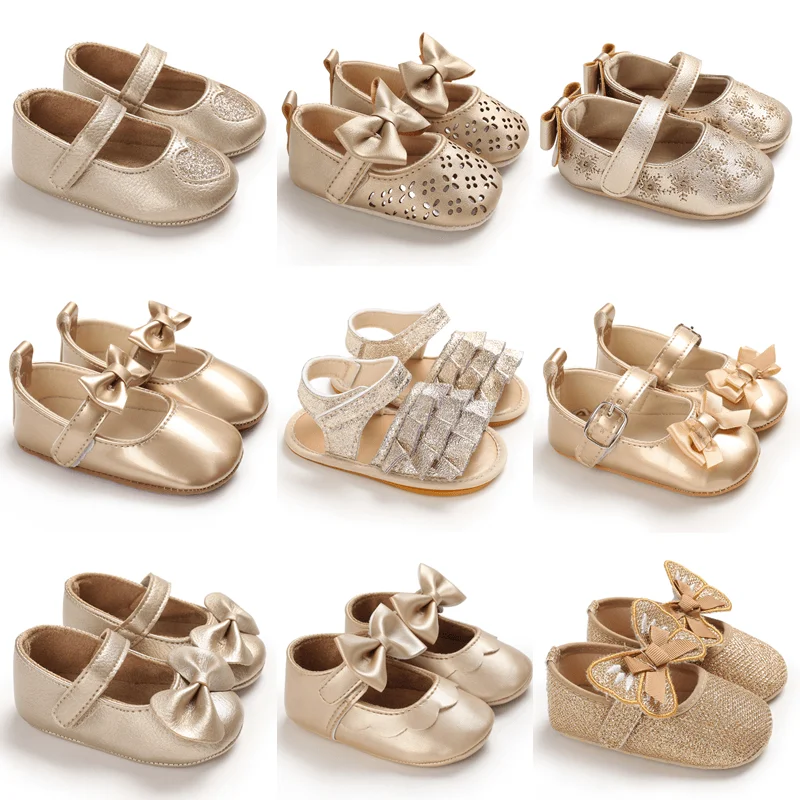 Golden Newborn Baby Baptism Walking Shoes Elegant And Noble Gold