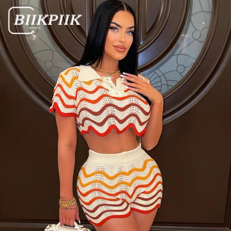 BIIKPIIK Fashion Striped Shorts Sets Vacation Women Knit Two Piece Suits Casual Short Sleeve Top + High Waist Shorts Beach Party