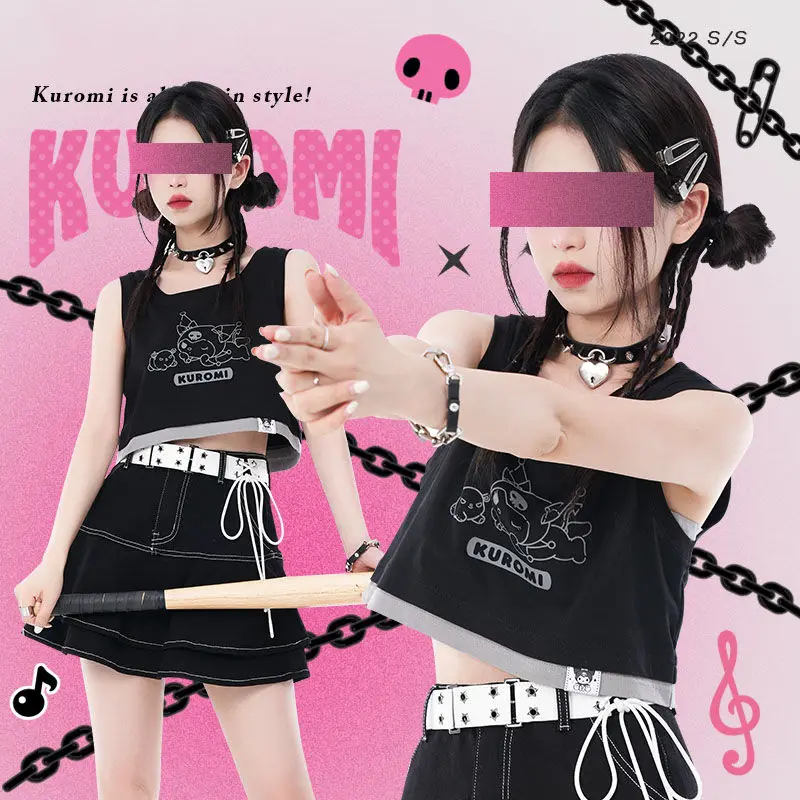 

Kawaii Sanrio Y2K Kuromi Anime My Melody Cinnamoroll Vest Cute Cartoon Girly Heart Pom Pom Purin Short Tops Girl Clothes