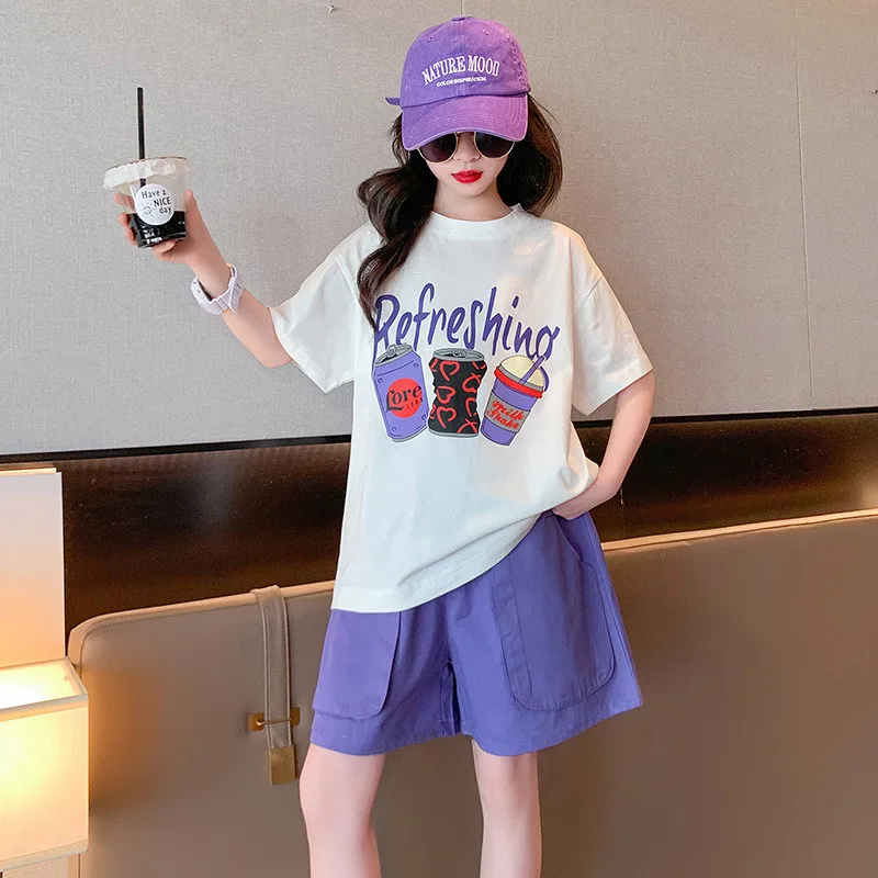 

New Summer Girls Clothes Set Children Letter Tops & Shorts for Teen Girls Casual Kids Short Sleeve Suits Tracksuit 6 8 12 Year