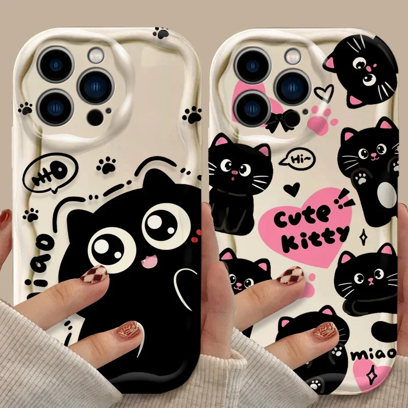 Jolie coque souple en silicone transparente antichoc avec motif de chat noir 3D pour iPhone 16 15 14 13 12 11 Pro Max X XR XS 8 7 Plus SE 2020_voghion.com
