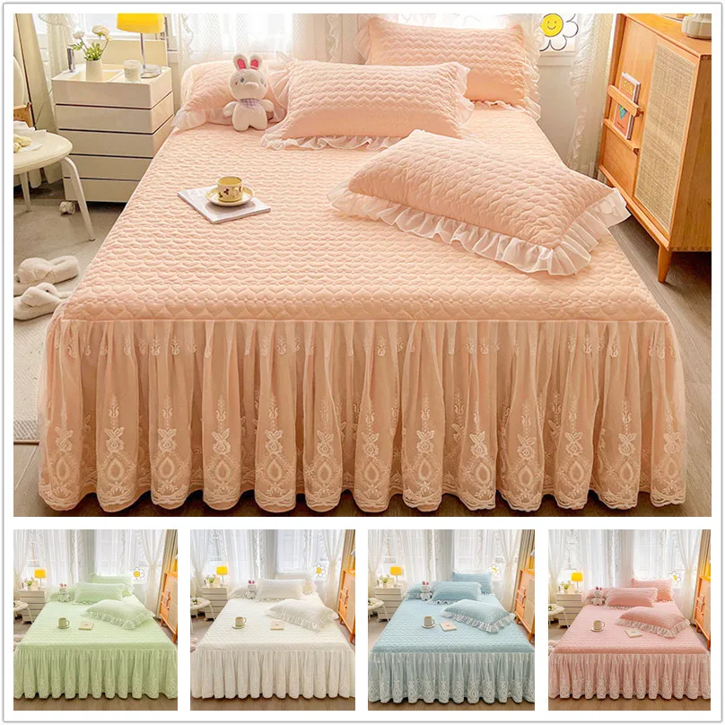 

1pc Quilted Bed Skirt Solid Color Bed Cover Thicken Mattress Protectors Lace Style Bedspread tampa de colchão (No Pillowcase)