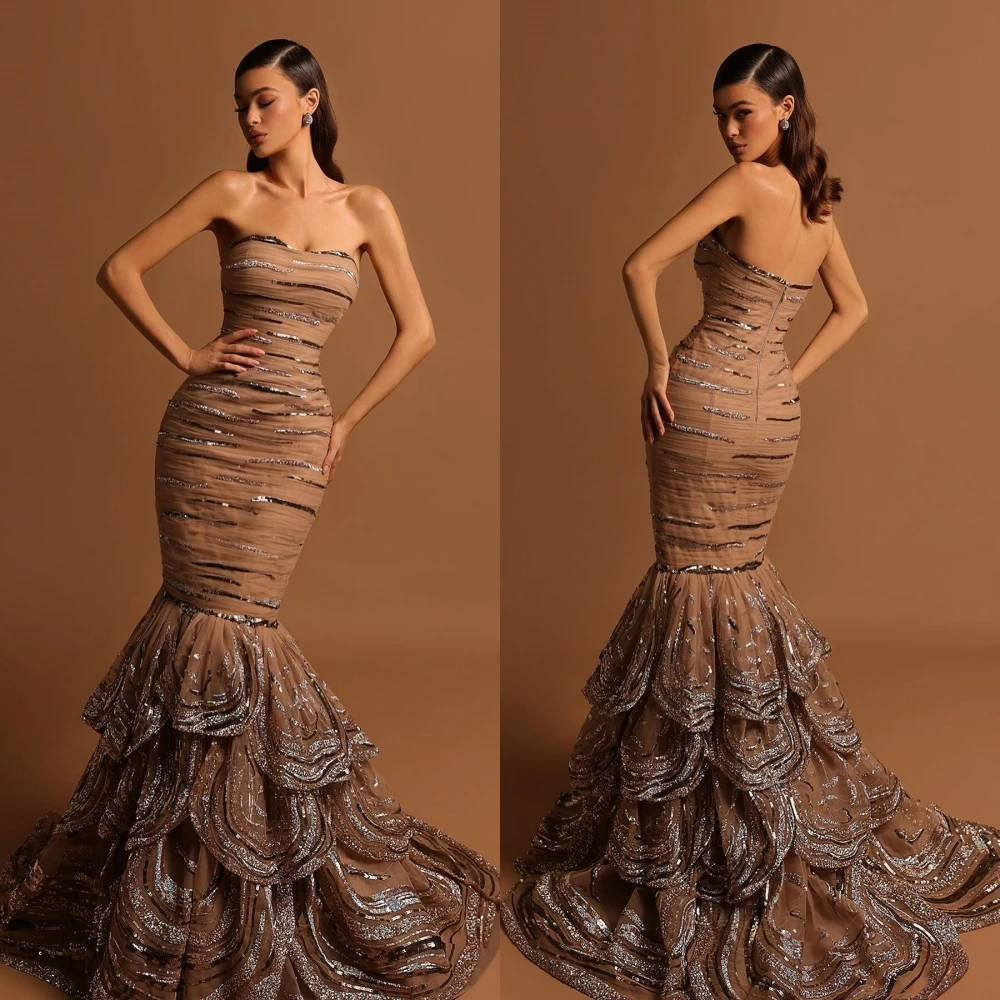 

Zhitomyr Sexy Sizes Available Strapless Mermaid Paillette / Sequins Layered Floor length Net/Tulle Evening Dresses