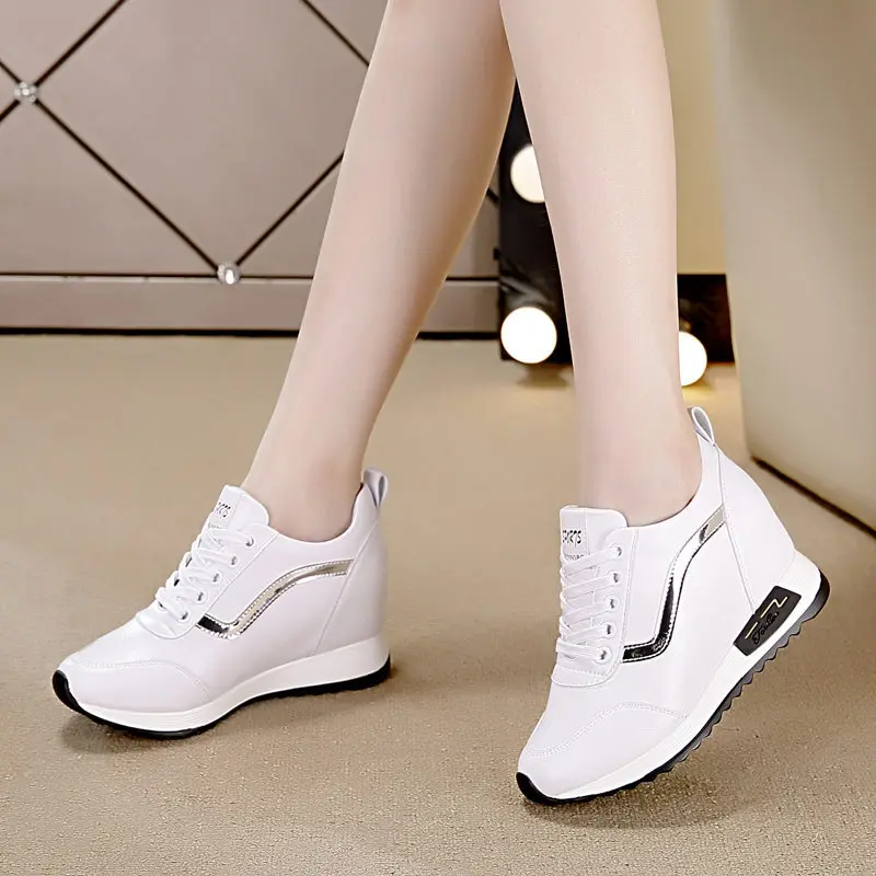 

High Heel Sneaker Wedge Black White Shoes Platform Leather Fashion Casual Shoes Women Sports Sneakers Ladies Shoes with Heels
