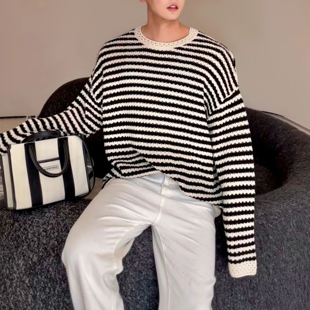 Mens Black White Striped Hollow Casual Thin Knitted Tops Genderless Fashionable Comfortable Cardigan Long Sleeve Shirt Unisex