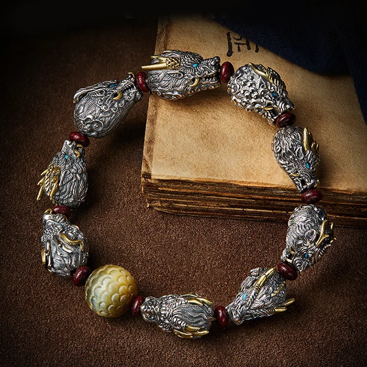 Domineering Dragon Head Beads Bangle Charm Bracelet Red Sandalwood Wood Bracelet for Men Women Charm Jewelry