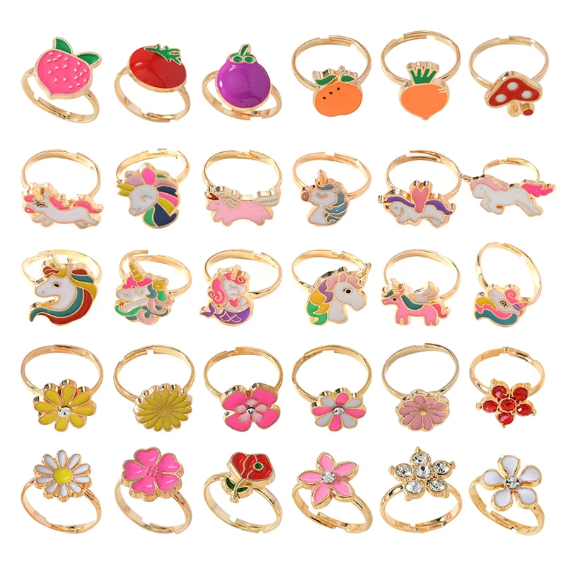 14 قطعة/صندوق الأطفال لطيف قابل للتعديل خواتم التظاهر اللعب ماكياج لعب للفتيات هدايا زهرة يونيكون سبائك خواتم موضة الجمال