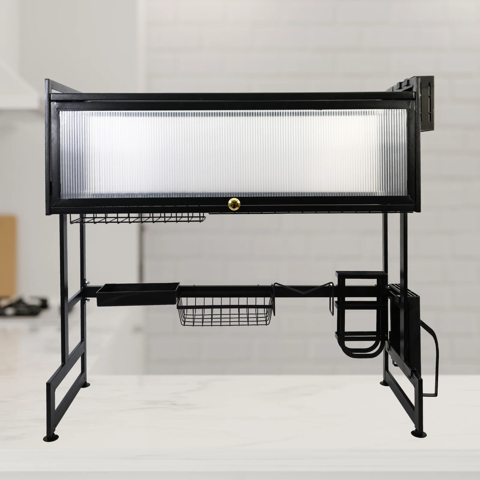 Küchenspüle, Regal, Haushalt, Geschirr, Abflussregal, Schwarz, Länge 85 cm, Luxus-Set, 2-stufige Aufbewahrungsbox – Detail 9