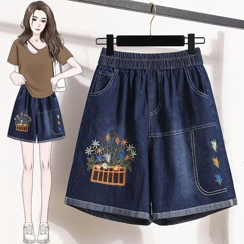 Summer Vintage All-match Embroidered Elastic Waist Wide Leg Pants Women Clothes Office Quarter Pants Lady Pocket Waist Jeans