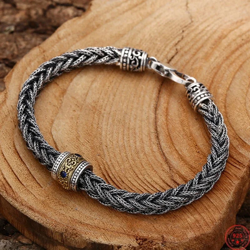 

Mencheese S925 Sterling Silver Bracelets for Women Men New Fashion Good Luck Bead Woven Horsewhip-chain Punk Jewelry