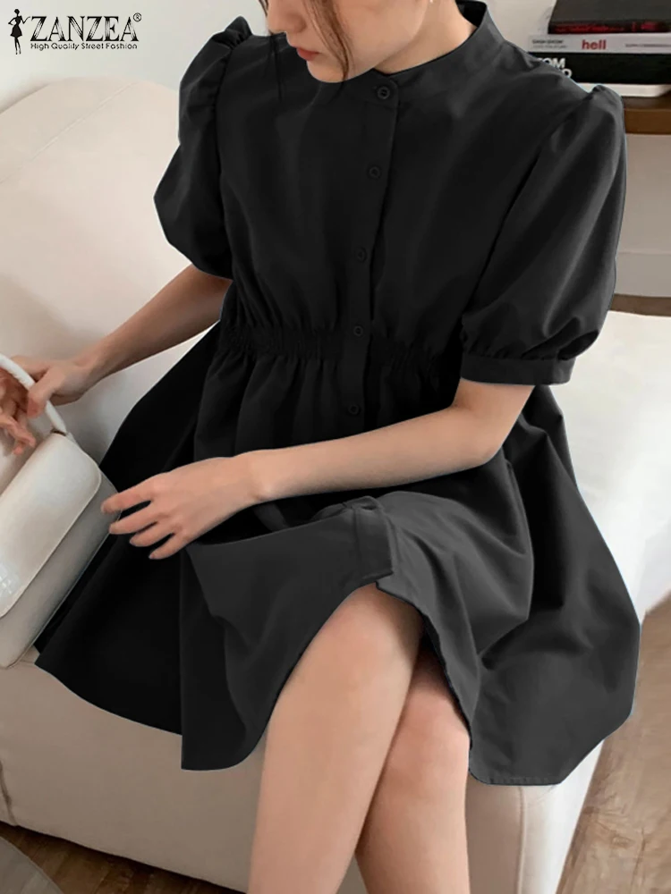 

ZANZEA Elegant Single-breasted Vestidos Women Mini Dress 2023 Summer Solid Collect Waist Robe Party Short Puff Sleeve Dresses