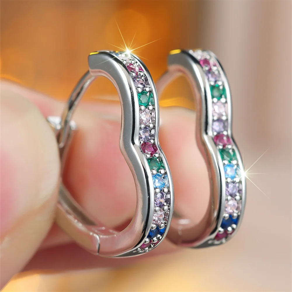 Simple Fashion Rainbow Zircon Love Heart Hoop Earrings For Women Vintage Gold Silver Color Ear Buckle Wedding Party Jewelry Gift