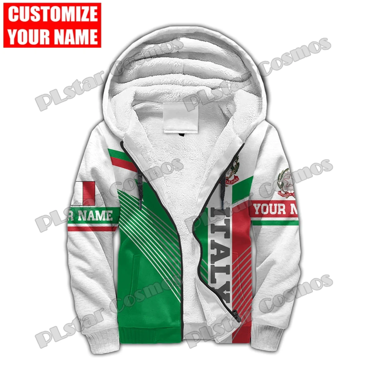 

Custom Name Italy Coat of Arm 3D Printed Fleece Zip-Up Hoodies For Men Women Winter Casual Thick Warm Hooded zipper jacket JR15