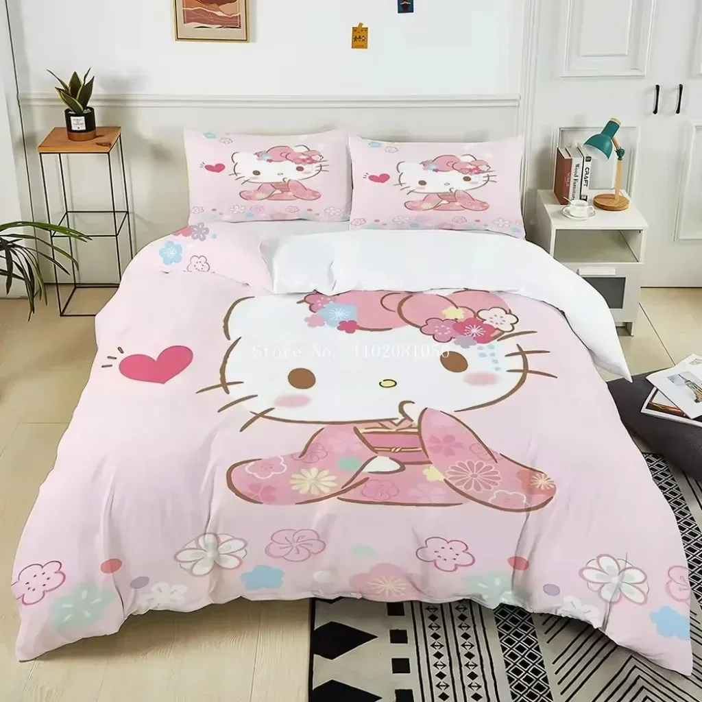 새로운 산리오 프렌즈 프린트 침구 세트 헬로 키티 마이 멜로디 시나모롤 침대 이불 커버 이불 커버 베개 커버 2-3개 세트