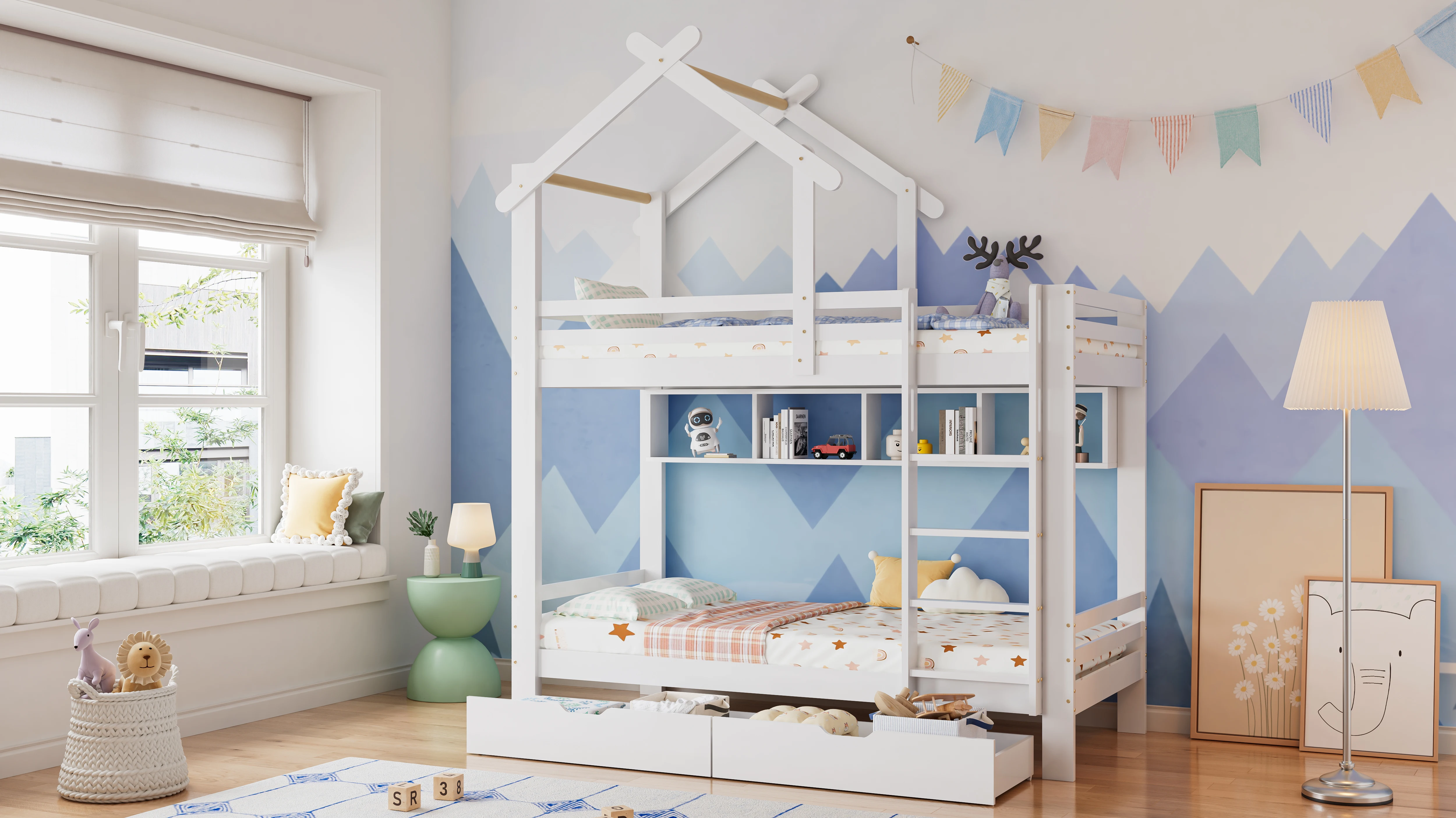 Etagenbett mit Schubladen und Regalen, Hausbett mit dreistufiger rechtwinkliger Leiter, Kinderbett mit Absturzsicherung und Geländer. – Detail 10