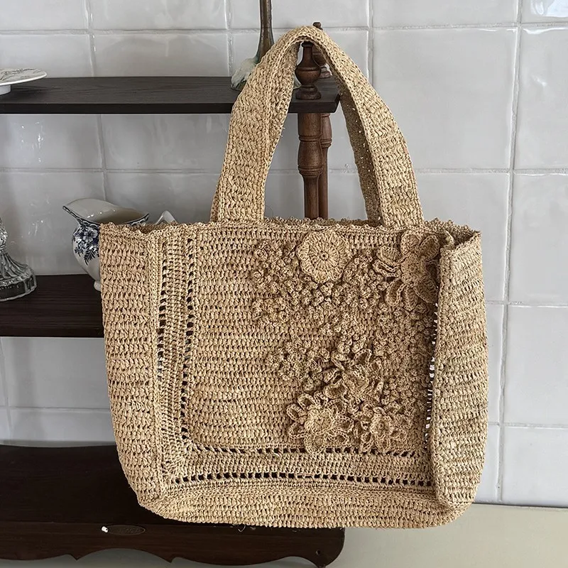 Summer Flower Woven Tote Bag Bohemian Travel Straw Bags for Women Handbags Designer Shoulder Bags Bali Beach Bag Shopper Purses