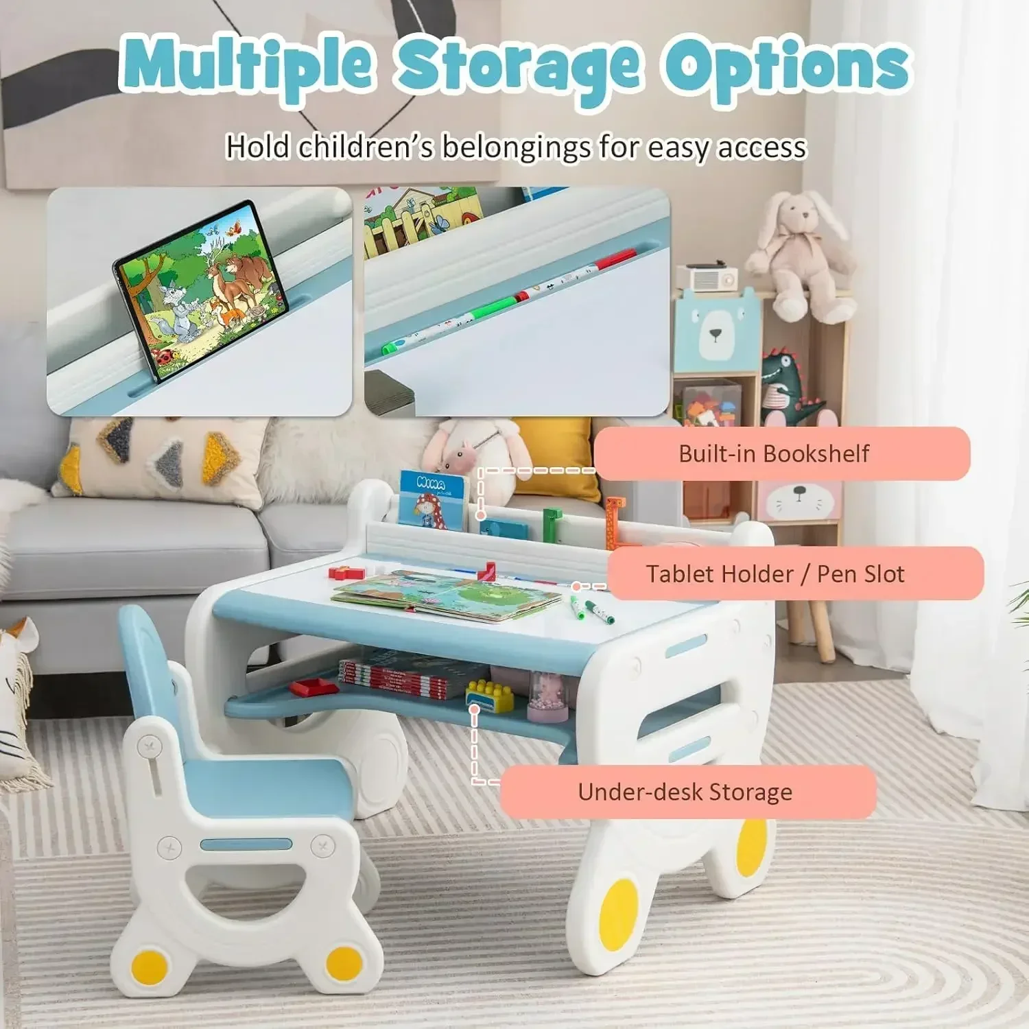Kids Table and Chair Set, Plastic Children Activity Table with Chair, Toddler Table and Chair Set for Reading,Drawing,Snack Time 2