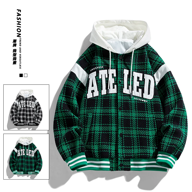 Men New Hooded Jacket Casual Checker Long Sleeve Single Breasted Plaid Coats Spring Autumn Hip Hop Streetwear Tops Clothing